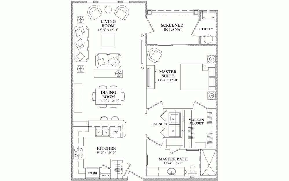 Aruba - 1 bedroom floorplan layout with 1 bathroom and 940 square feet