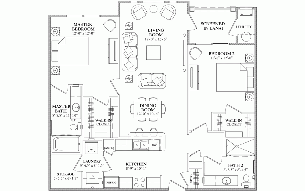 Cayman - 2 bedroom floorplan layout with 2 bathrooms and 1200 square feet