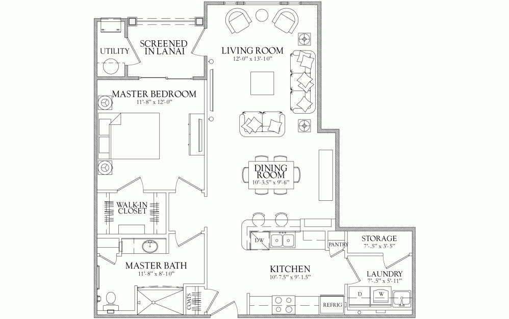 Antiqua - 1 bedroom floorplan layout with 1 bathroom and 938 square feet