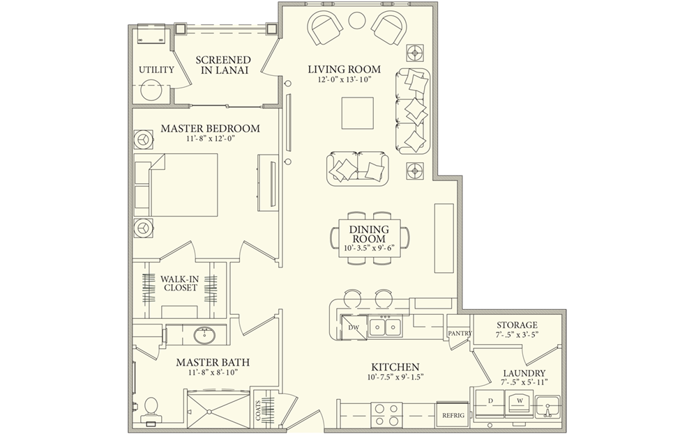 Antiqua - 1 bedroom floorplan layout with 1 bathroom and 938 square feet