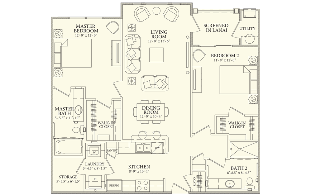 Cayman - 2 bedroom floorplan layout with 2 bathrooms and 1200 square feet